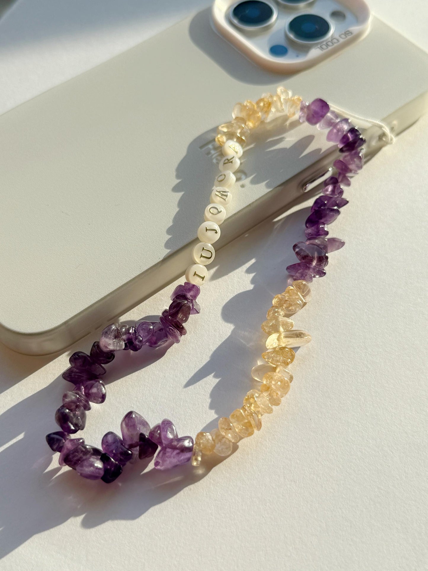 Personalised Crystal Phone Charm, Crystal Healing, Healing Stones, Name Gift, Purple Phone Strap,Amethyst Citrine Charm, Mothers Day Gift