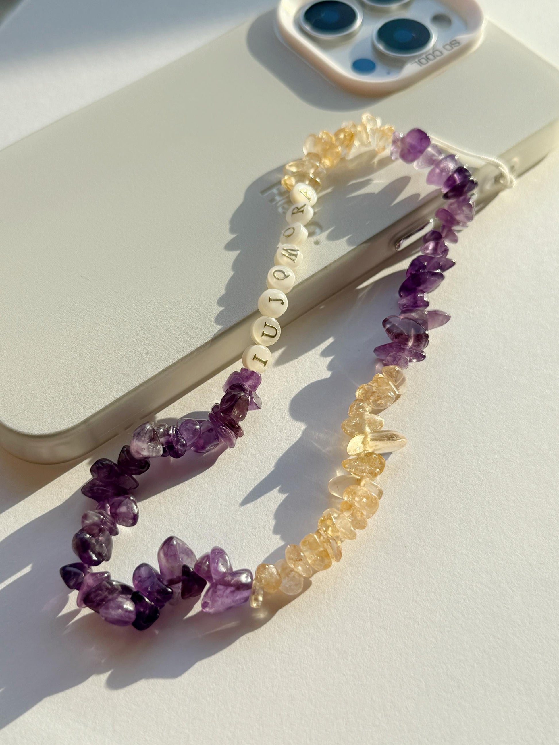 Personalised Crystal Phone Charm, Crystal Healing, Healing Stones, Name Gift, Purple Phone Strap,Amethyst Citrine Charm, Mothers Day Gift