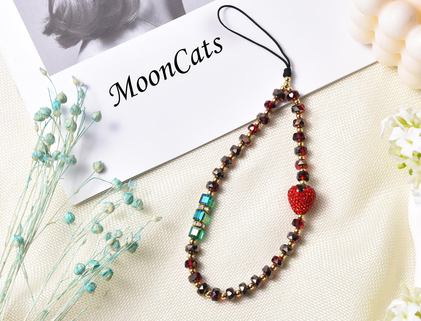 3D Strawberry Phone Charm, Cute Phone Charm, Beaded Phone Charm, Crystal Phone Strap, Phone Wrist Strap, Valentine's Day Gifts