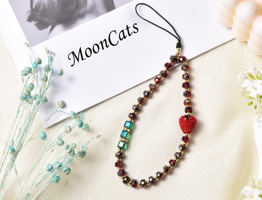3D Strawberry Phone Charm, Cute Phone Charm, Beaded Phone Charm, Crystal Phone Strap, Phone Wrist Strap, Valentine's Day Gifts