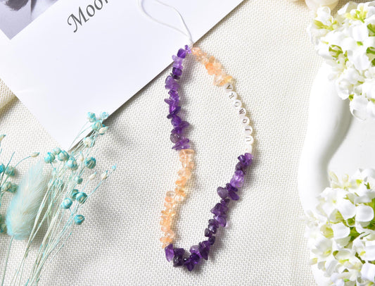Personalised Crystal Phone Charm, Crystal Healing, Healing Stones, Name Gift, Purple Phone Strap,Amethyst Citrine Charm, Mothers Day Gift