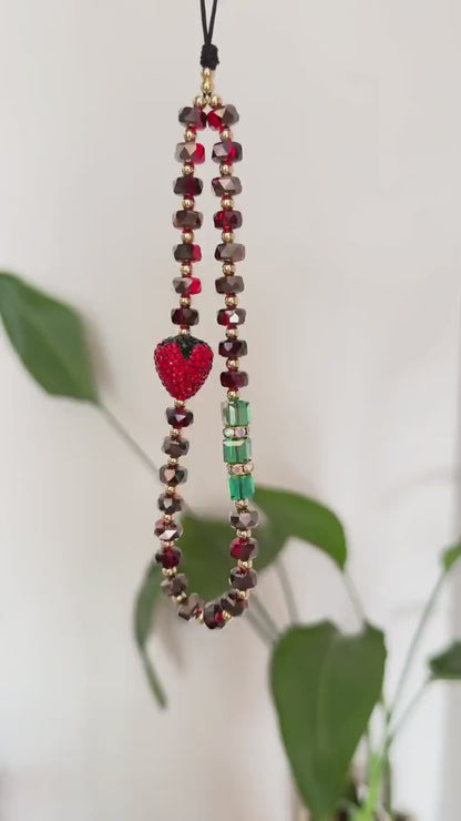 3D Strawberry Phone Charm, Cute Phone Charm, Beaded Phone Charm, Crystal Phone Strap, Phone Wrist Strap, Valentine's Day Gifts