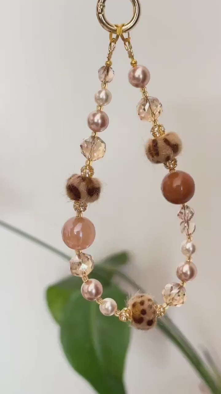 Animal Print Beaded Phone Charm, Pearl Phone Chain, Phone Wrist Strap, Brown Phone Charm, Phone Accessories, Valentine's Day Gifts