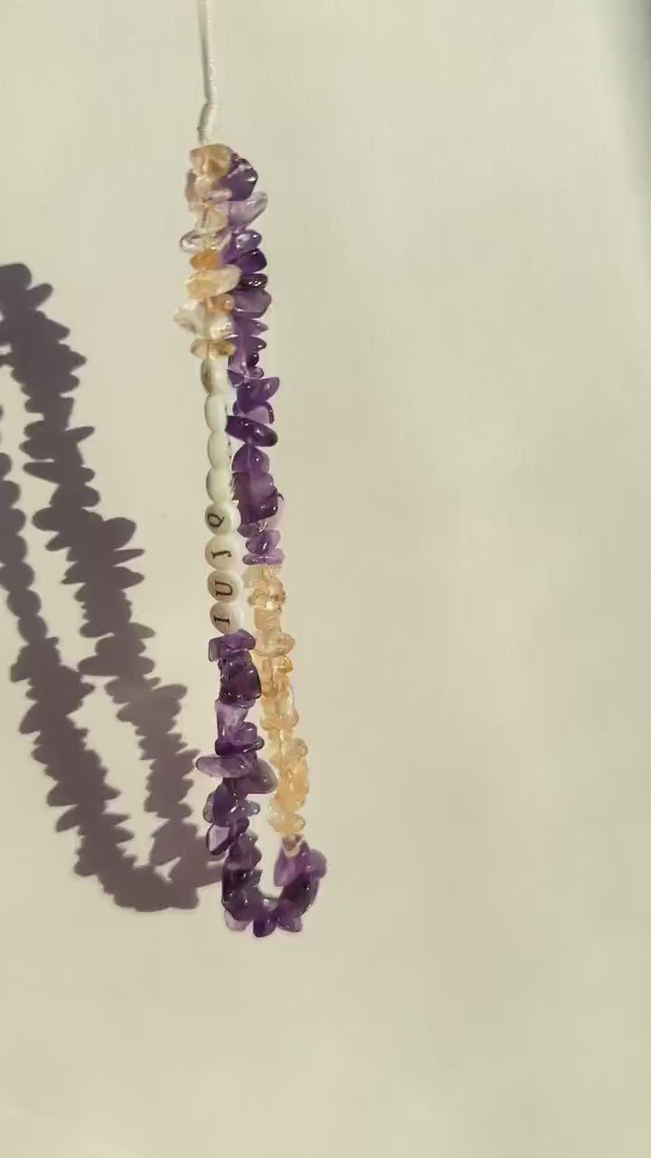 Personalised Crystal Phone Charm, Crystal Healing, Healing Stones, Name Gift, Purple Phone Strap,Amethyst Citrine Charm, Mothers Day Gift