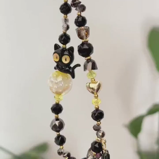 Cat Phone Charm, Pet Phone Strap, Black Phone Chain, Cute Beaded Phone Charm, Crystal Phone Charm, Phone Accessories, Gifts For Friends
