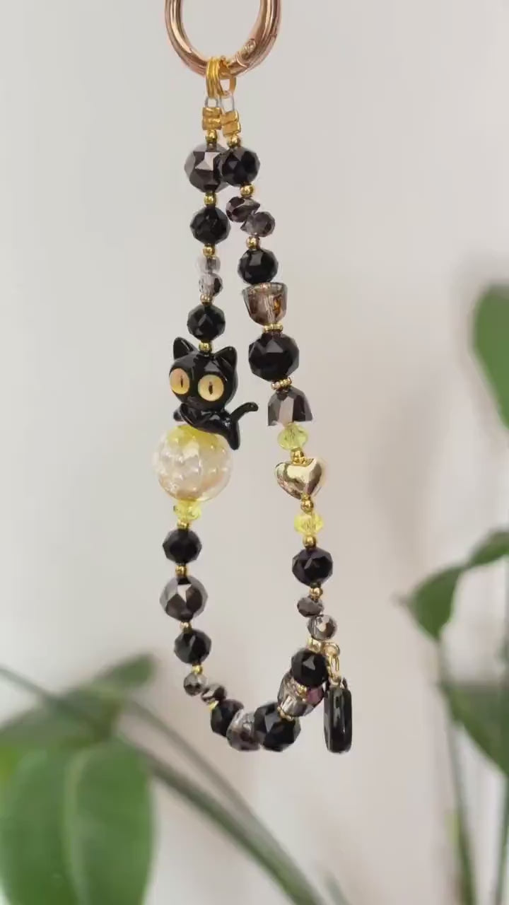 Cat Phone Charm, Pet Phone Strap, Black Phone Chain, Cute Beaded Phone Charm, Crystal Phone Charm, Phone Accessories, Gifts For Friends