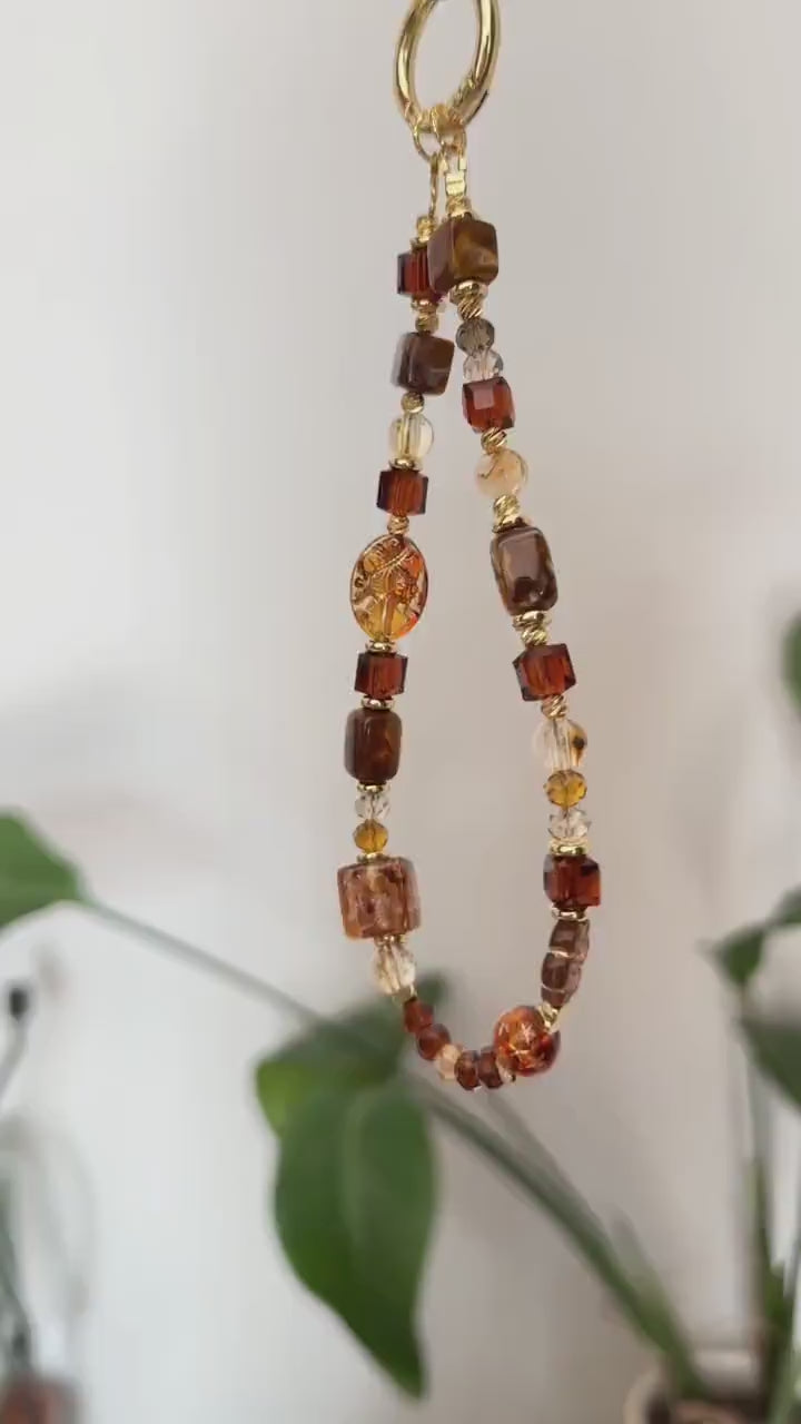 Czech Beads Phone Charm, Beaded Phone Chain, Vintage Phone Charm, Brown Phone Charm, Phone Charm Strap, Phone Lanyard
