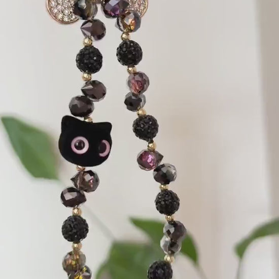 Black Beaded Phone Charm, Pet Phone Charm, Cat Phone Charm,  Bead Phone Strap, Crystal, Cat Charm, Valentine's Day Gifts, Cat Gifts