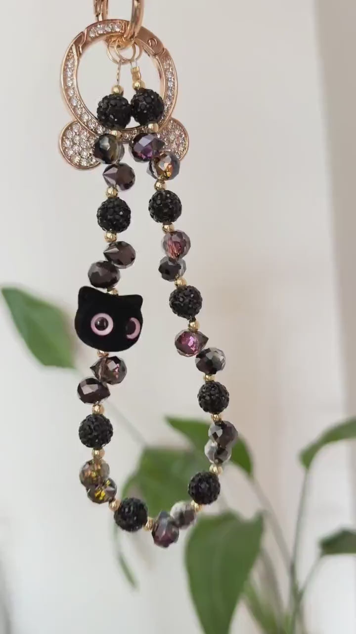 Black Beaded Phone Charm, Pet Phone Charm, Cat Phone Charm,  Bead Phone Strap, Crystal, Cat Charm, Valentine's Day Gifts, Cat Gifts