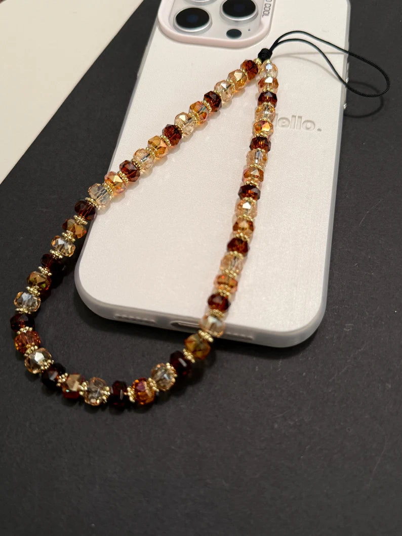 Toffee Beaded Phone Charm, Beaded Phone Strap, Crystal Beads