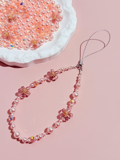 Sakura Cute Phone Charm, Pink Blossom and Pearls